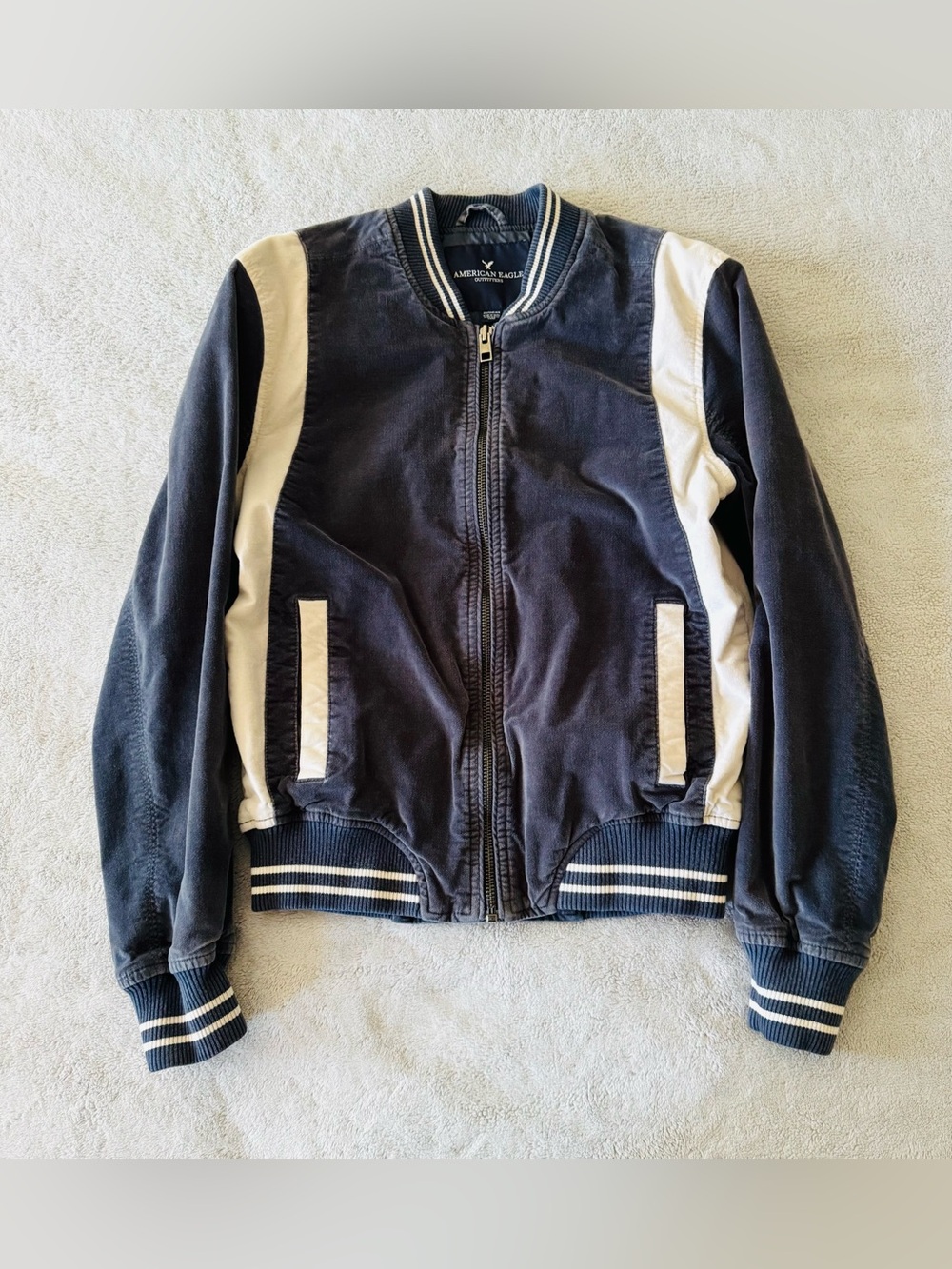 American Eagle Women's Colorblock Bomber Jacket XS Navy White Full Zip Varsity
